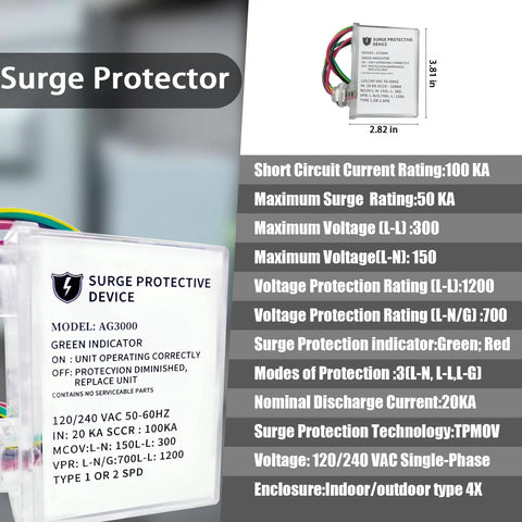 Whole House HVAC Surge Protector With TPMOV Tech, shown with dimensions, in watertight enclosure for lightning protection.