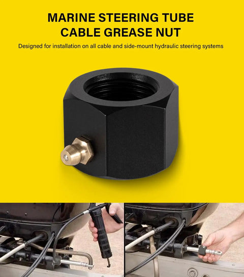 Steering Tube Cable Grease Nut With Seven Eighths Inch Thread for Outboard Hydraulic Steering Systems shown with application.