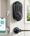 Rock Solid 5 In 1 Smart Deadbolt With Handle Fingerprint Scanner And Keypad Keyless Entry Door Lock Wifi App, mounted on door.