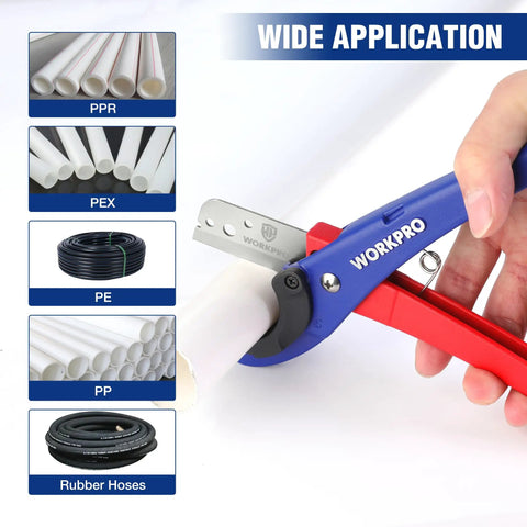 Versatile PEX And Hose Cutter With 1/8 To 1-5/8 Inch Cutting Capacity, 30 And 45 Degree Angles, cutting white tube