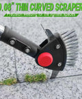 Close-up of Long Reach 3 In 1 Weeding Tool stainless steel weed brush clearing moss from driveway cracks.