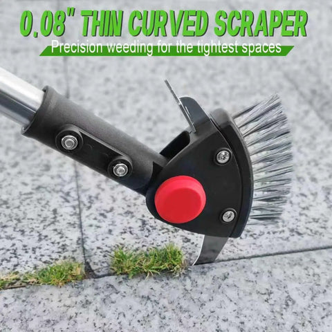 Close-up of Long Reach 3 In 1 Weeding Tool stainless steel weed brush clearing moss from driveway cracks.