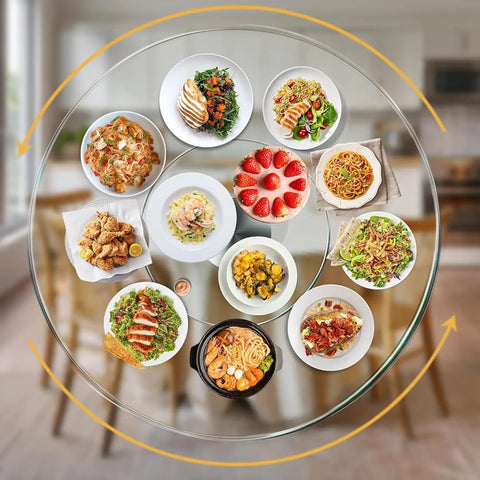 Large 36 Inch Tempered Glass Lazy Susan Turntable With Silent Smooth 360 Rotation Heat Resistant Serving Tray with various dishes.
