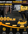 Grease Monkey Ready Brushless Cordless Impact Wrench 1/2 Inch High Torque 740 Ft Lbs with LED light tightening screws on vehicle part.