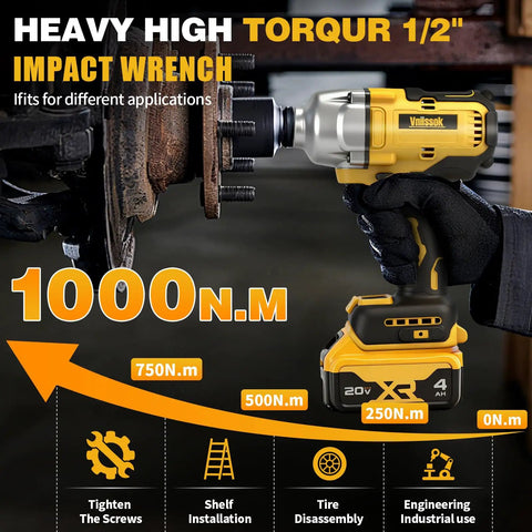 Grease Monkey Ready Brushless Cordless Impact Wrench 1/2 Inch High Torque 740 Ft Lbs with LED light tightening screws on vehicle part.