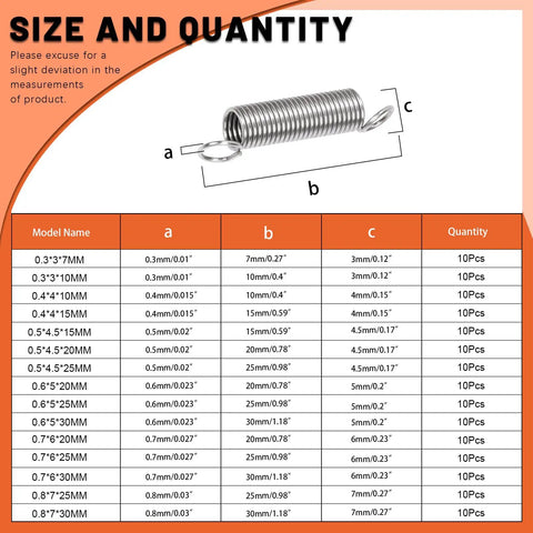 150 Piece Extension Spring Kit diagram with dimensions and quantity chart, 15 sizes, stainless steel for DIY projects and repairs.