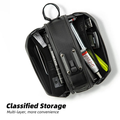Open Under Seat Bike Saddle Bag With 3D Hard Shell And Quick Release 1.7L Capacity Silver Reflective Strip showing interior storage compartments.