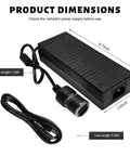 Heavy Duty AC To DC Converter 12V 10A Power Adapter With Thick Cords showing dimensions and cord lengths for usage.