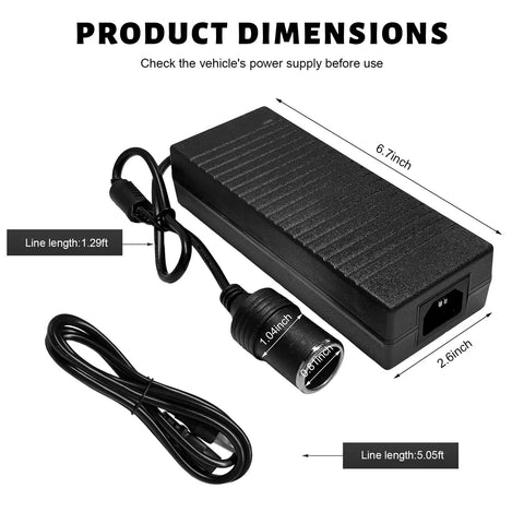 Heavy Duty AC To DC Converter 12V 10A Power Adapter With Thick Cords showing dimensions and cord lengths for usage.