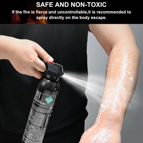 Person using fire extinguisher on skin, showing water-based spray from Three Pack Grab And Go Compact Portable Fire Extinguishers.