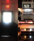 Collage of an illuminated exit sign and two kitchen appliances. 2W LED T6.5 E17 Exit Sign Clear Bulb Daylight 6000K for Refrigerator Freezer Replaces 20W Incandescent Energy Saving Eighty Percent Pack of Four Appliance Bulb used in each fixture.
