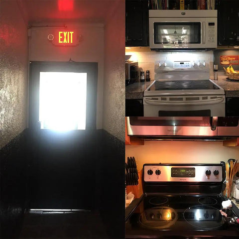 Collage of an illuminated exit sign and two kitchen appliances. 2W LED T6.5 E17 Exit Sign Clear Bulb Daylight 6000K for Refrigerator Freezer Replaces 20W Incandescent Energy Saving Eighty Percent Pack of Four Appliance Bulb used in each fixture.