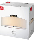 Product packaging of Two Light Flush Mount Ceiling Light In Dark Bronze With White Linen Drum Shade, Low Profile Design, E26 Base.