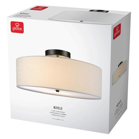 Product packaging of Two Light Flush Mount Ceiling Light In Dark Bronze With White Linen Drum Shade, Low Profile Design, E26 Base.