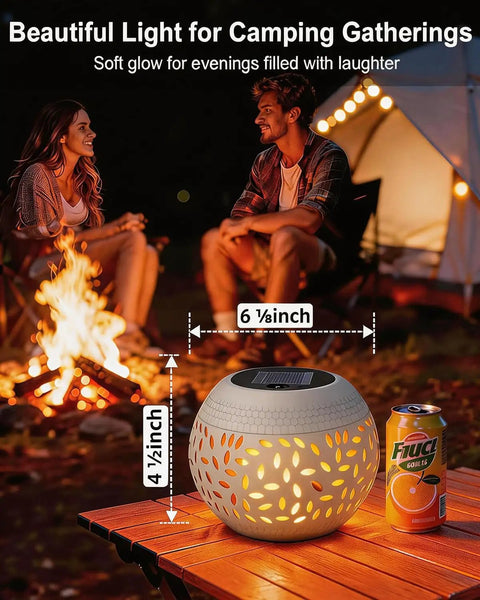 Outdoor Solar Table Lights With Dancing Flickering Flame Dope Style Waterproof White Metal Lantern on camping table