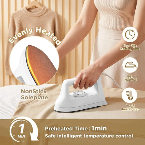 Compact Mini Iron For Clothes, Portable Travel Steam Press Machine For T Shirts And Crafts in use with nonstick soleplate.