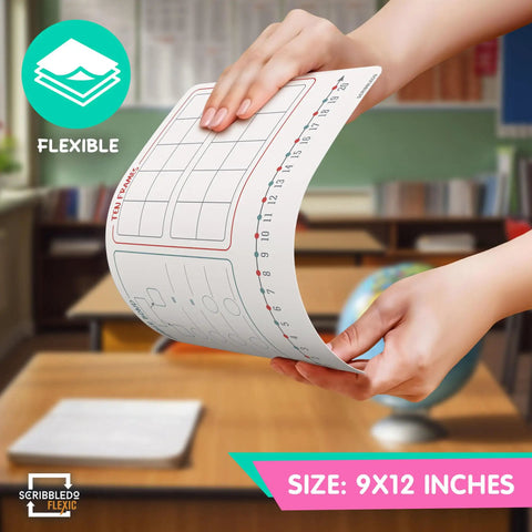 Hands holding flexible whiteboard sheets 9 by 12 inches dry erase set with number chart, ten frame, and number line in classroom.