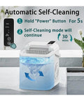 Automatic self-cleaning feature on Portable Ice Maker Countertop with visual instructions for use and water placement.