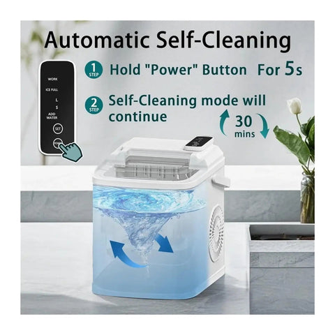 Automatic self-cleaning feature on Portable Ice Maker Countertop with visual instructions for use and water placement.