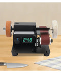 No Sweat Pneumatic Mini Belt Sander With Variable Speed Air Motor And Standard Hose Hookup For Cramped Joints Fine Detail Work Multi Material Sanding Tool on wooden table.