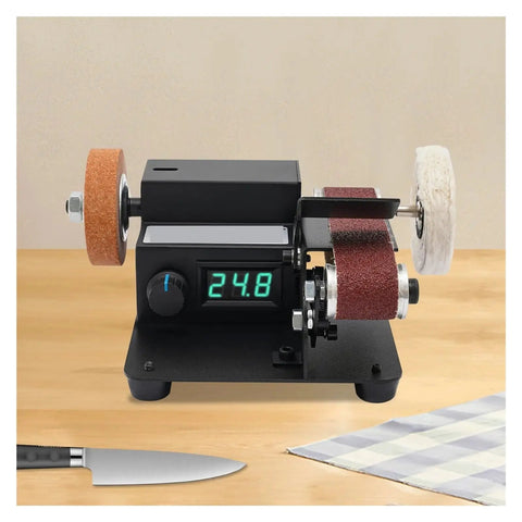No Sweat Pneumatic Mini Belt Sander With Variable Speed Air Motor And Standard Hose Hookup For Cramped Joints Fine Detail Work Multi Material Sanding Tool on wooden table.