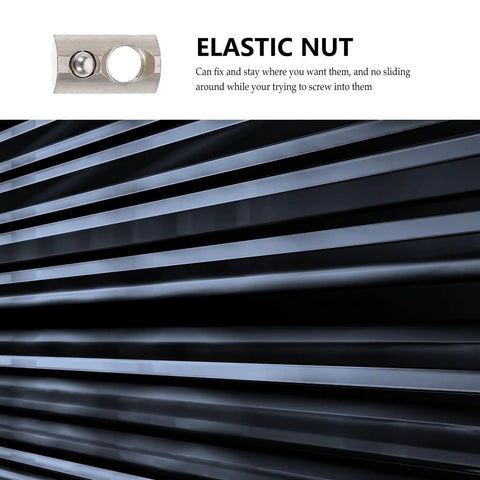 Twenty Piece Pro Grade Elastic T Nuts And Spring Loaded Fasteners For Aluminum Extrusions And 3D Printer Assemblies close-up of elastic nut on aluminum track.