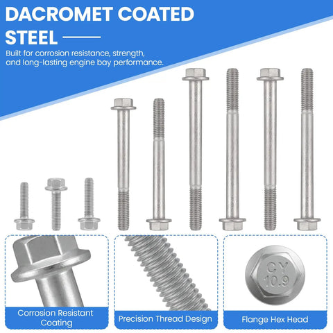 Top Shelf Dacromet Coated Alternator And Power Steering Bracket Bolts Kit, corrosion-resistant steel bolts of various lengths.