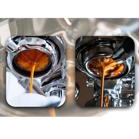 58 Millimeter Bottomless Stainless Steel Filter Holder With Wooden Handle For Home Espresso Machines, Detachable Design, Rust Resistant, Easy To Install, Durable Portafilter Accessory For Rich, Balanced Espresso showing espresso extraction