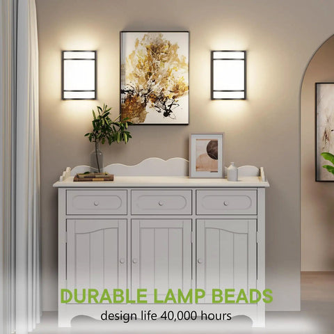 Elekeed LED Indoor Wall Mount Light Fixture, Matte Black Wall Sconce Lighting illuminating a stylish hallway cabinet.