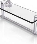 Tempered Glass Shelf With Integrated Towel Bar, Solid Brass Construction, 16 Inch By 5 Inch Wall Mounted Bathroom Organizer, angled view