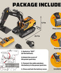 Front-side view of a yellow and black metal remote-control excavator toy with bucket, tracks, and RC controller.