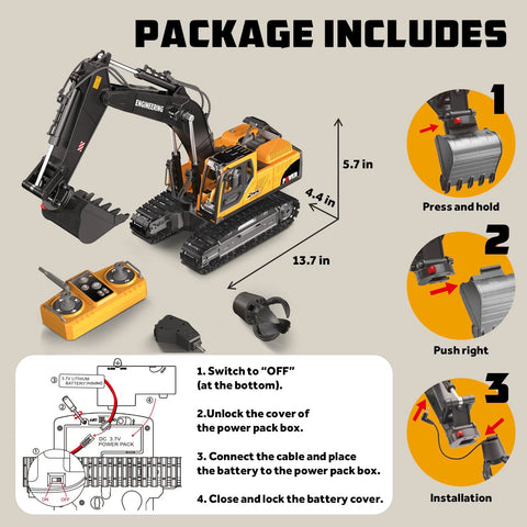 Front-side view of a yellow and black metal remote-control excavator toy with bucket, tracks, and RC controller.