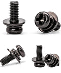 Close-up of M4x10mm VESA Screws Set with lock washers and flat washers, black finish, Phillips head, for TV and monitor brackets.