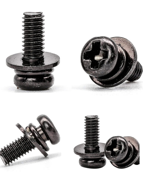 Close-up of M4x10mm VESA Screws Set with lock washers and flat washers, black finish, Phillips head, for TV and monitor brackets.