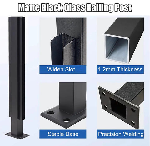 Sleek Matte Black Stainless Steel Glass Railing Post 59 Inch U Channel Balustrade Spigot showing widened slot and stable base.