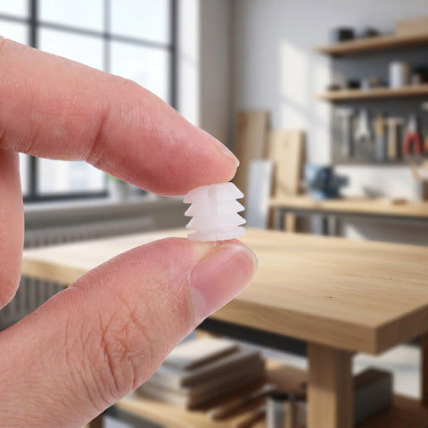 Close-up of hand holding white dowel from Heavy Duty Hinge Dowel Inserts Kit With M4x8mm Expansion Nuts And Self Tapping Screws.