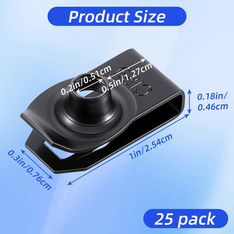 25 Pack Black U Bolt Snap Nuts M6 Metric And Quarter Inch 20 Thread Universal Auto Fender Grill dimensions on blue background