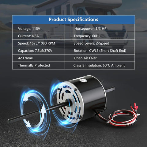 RV Air Conditioner Fan Motor Replacement With Capacitor One Third Horsepower 115V Dual Speed 1675 And 1080 RPM Replaces D1092