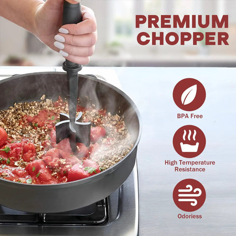 Five Blade Premium Stainless Steel Meat Chopper And Hamburger Press Tool for fast ground beef crumbling in a pan.