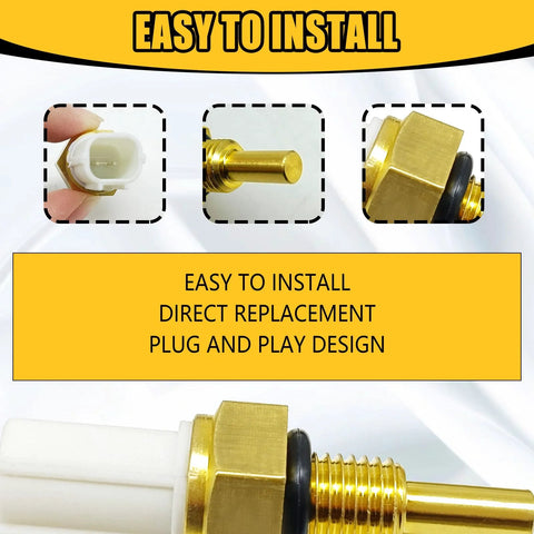 Engine coolant temperature sensor with white plastic housing and brass threaded probe, shown from multiple angles