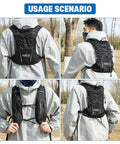 Person outdoors wearing 5L Quick Dry Nylon Mesh Hydration Backpack with Multi Pocket Design, black color, for cycling and hiking.