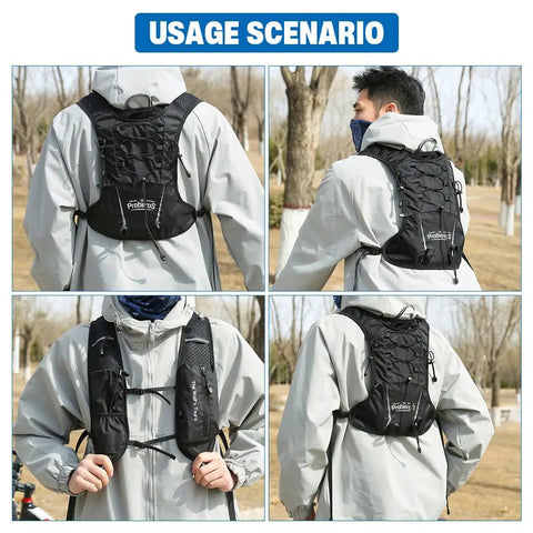 Person outdoors wearing 5L Quick Dry Nylon Mesh Hydration Backpack with Multi Pocket Design, black color, for cycling and hiking.