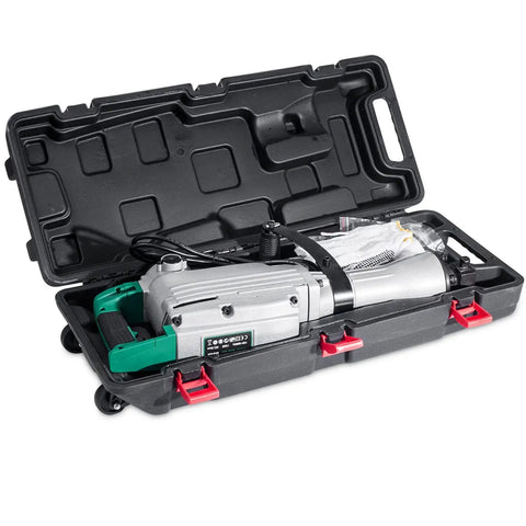 Open black carry case with 110 Volt 1520 Watt Heavy Duty Electric Demolition Jack Hammer Workhorse For Concrete Breaking MKB 65A inside
