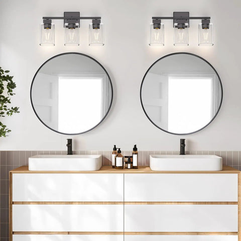 Matte Black Bathroom Vanity Light Three Light Fixture Over Mirror With Square Design UL Listed Wall Sconce Clear Glass Shades E26 Socket Bulbs Not Included
