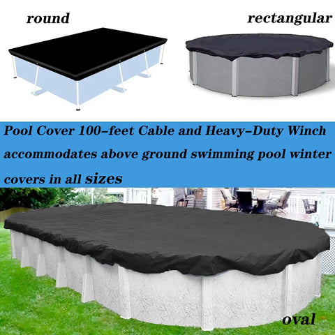 Easy To Install Pool Cover Cable And Winch Kit For Above Ground Pools, 100 Feet Of Heavy Duty Cable With Ratchet on round, rectangular, oval pools