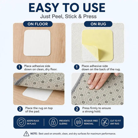 Diagram showing 8 Pack Non Slip Rug Grippers For Hardwood Floors Washable And Reusable Carpet Tape used on floor and rug