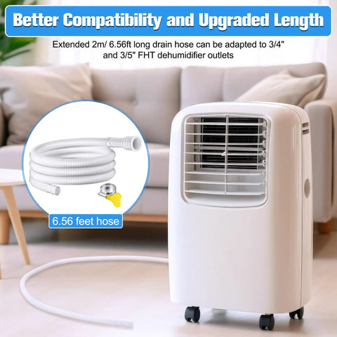 Universal Dehumidifier Drain Hose Kit 6.5 Ft Three Quarters Inch FHT With Cuttable Rubber Adapter And Clamp shown with AC unit