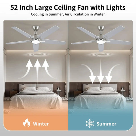 52 Inch Ceiling Fan With Lights And Remote, Brushed Nickel Finish, Reversible Function for Winter and Summer use, shown in bedroom