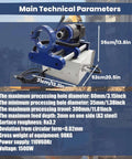 Front view of BREVELTION portable hole drilling machine in blue with white base and long connecting bar.