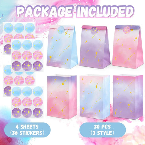 Tie Dye Party Favor Bags With 36 Stickers 30 Pack Mermaid Unicorn Themed Goodie Bags for birthdy parties, baby showers and weddings